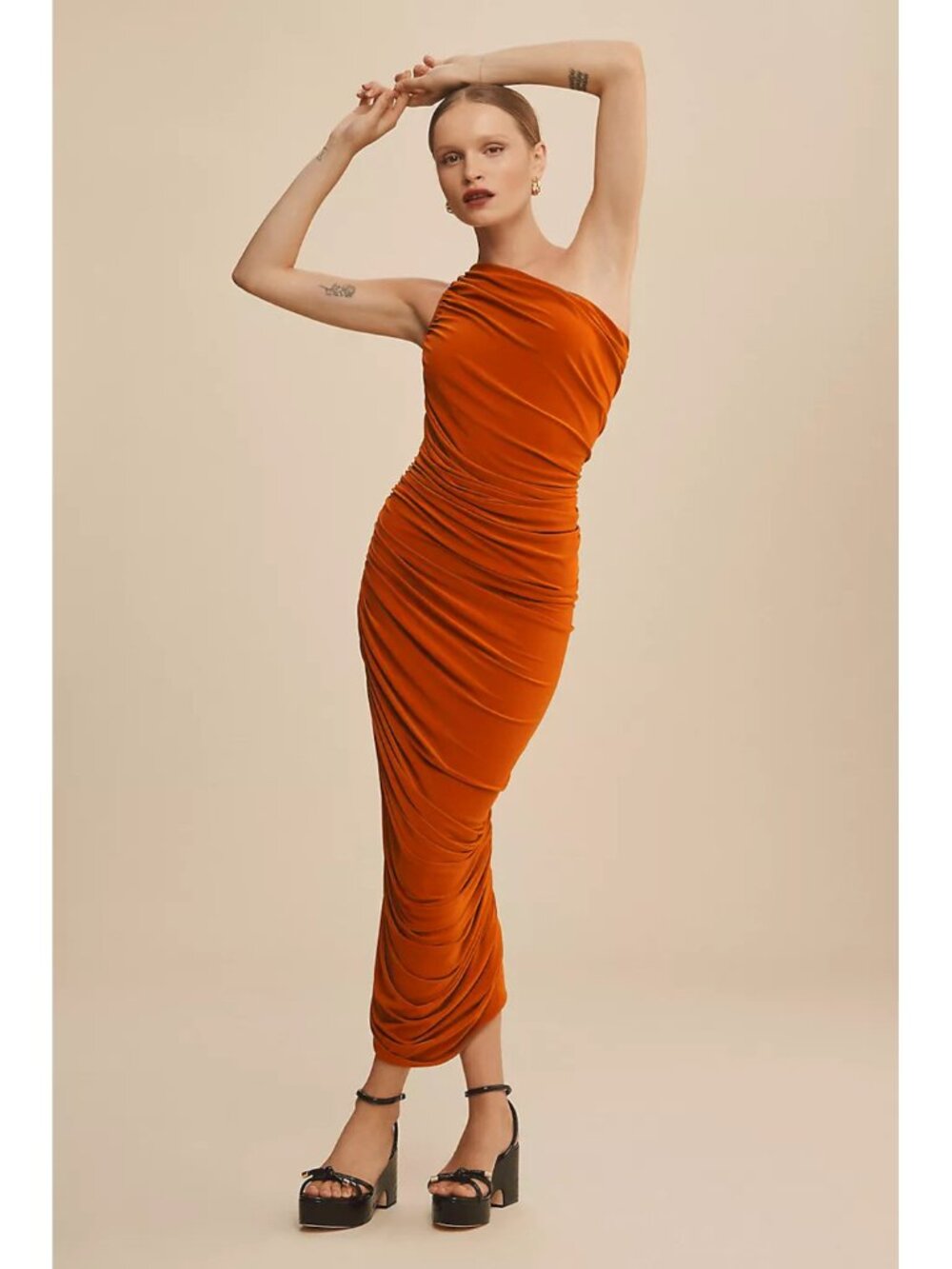 Norma Kamali One-Shoulder Ruched Midi Dress in Burnt Orange